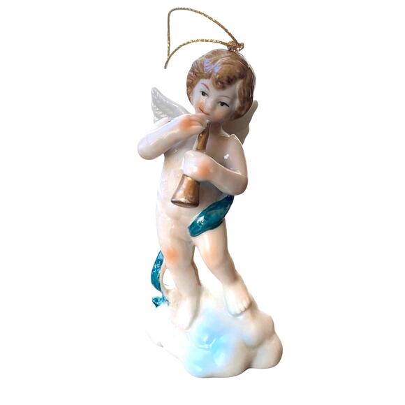 Vintage Cherub Angel Trumpet Ornament On Cloud antique? Wing Winged Chubby fair - Picture 1 of 12